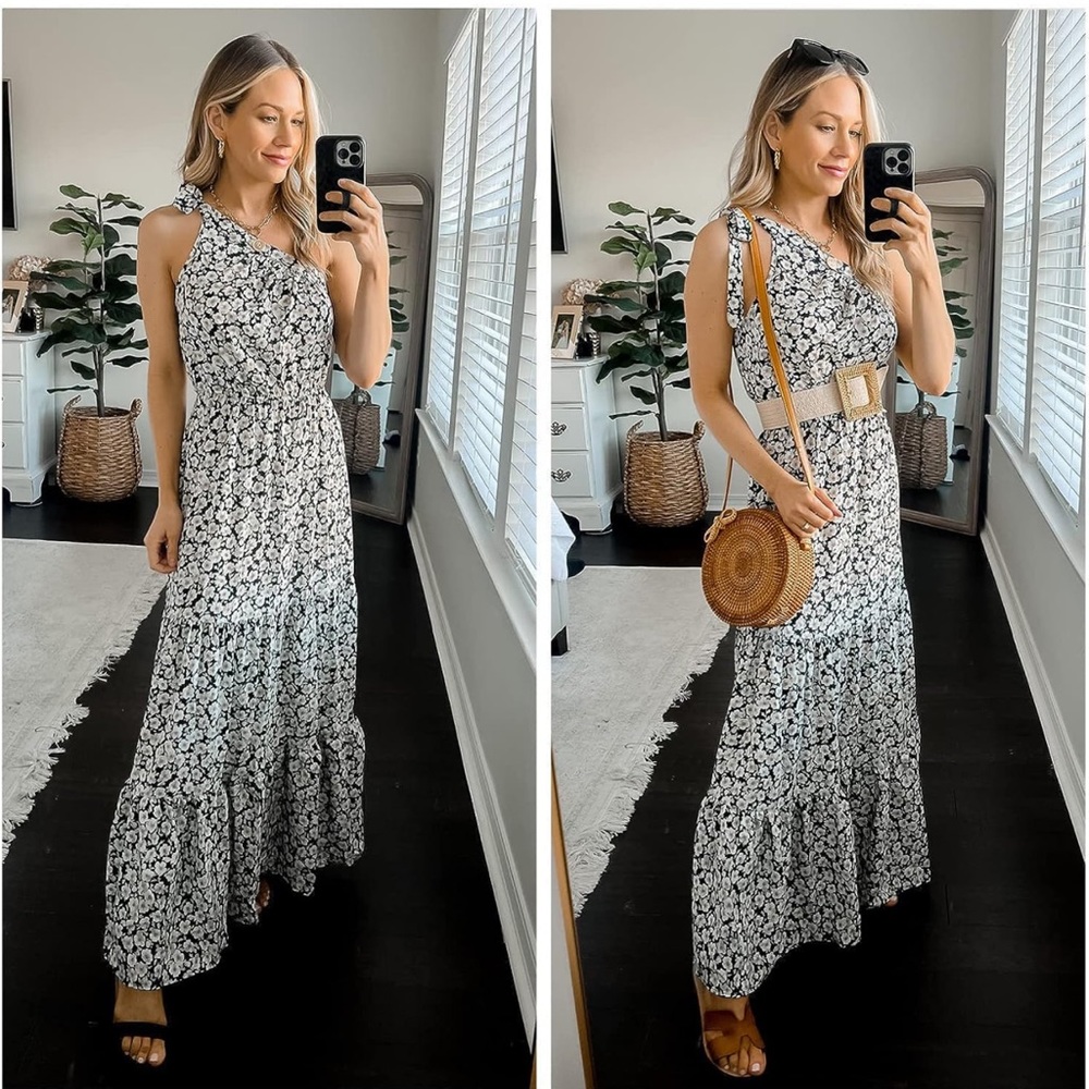 Floral Maxi Dress 2023 Knot One Shoulder Sleeveless Ruffle Hem Flowy Boho Dresse